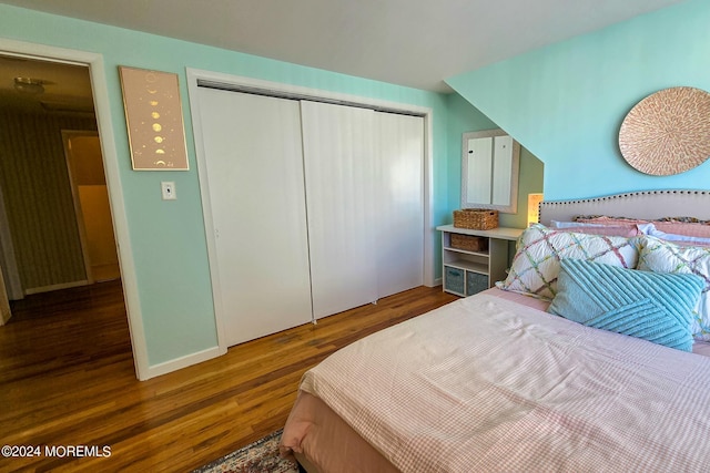 bedroom featuring wood-type flooring and a closet