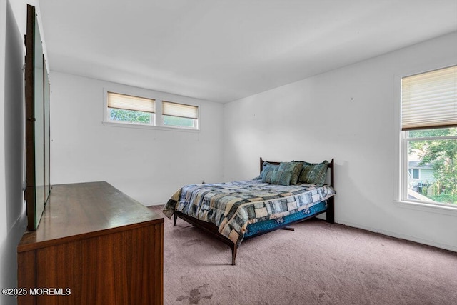 bedroom featuring light colored carpet and multiple windows