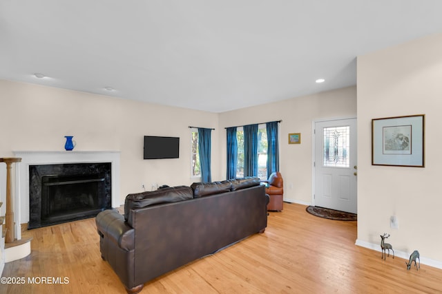 living room with light wood-type flooring and a premium fireplace