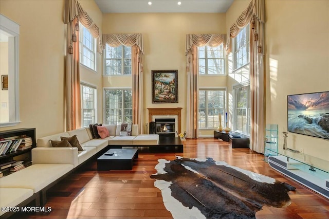 living room with a healthy amount of sunlight, a high ceiling, and hardwood / wood-style flooring