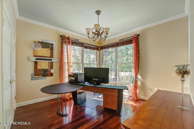 home office with dark wood-type flooring, crown molding, and an inviting chandelier