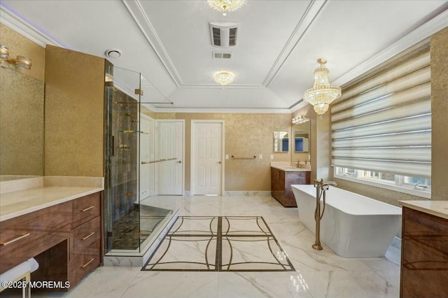 bathroom with crown molding, separate shower and tub, vanity, and a notable chandelier