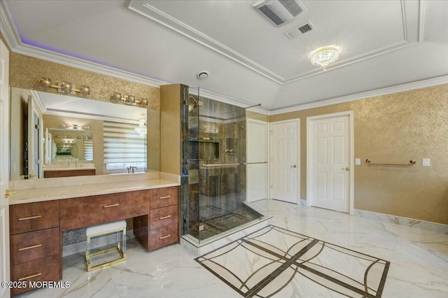 bathroom with vanity, crown molding, a raised ceiling, and walk in shower