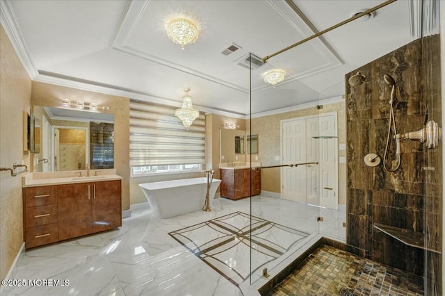 bathroom with vanity, crown molding, and plus walk in shower