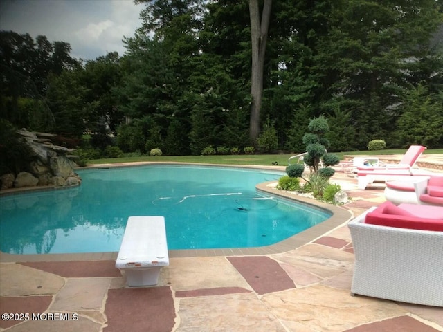 view of swimming pool featuring a diving board and a patio area