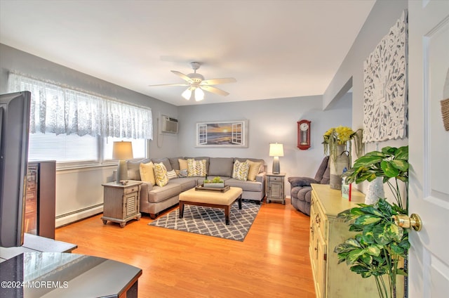 living room featuring ceiling fan, a baseboard heating unit, light hardwood / wood-style flooring, and a wall mounted AC