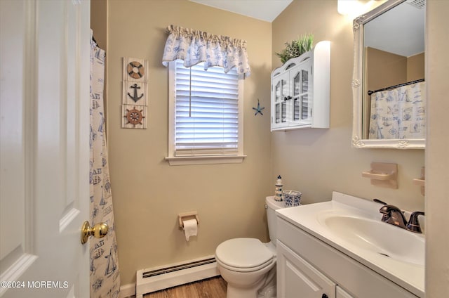 bathroom featuring a baseboard radiator, wood-type flooring, toilet, and vanity