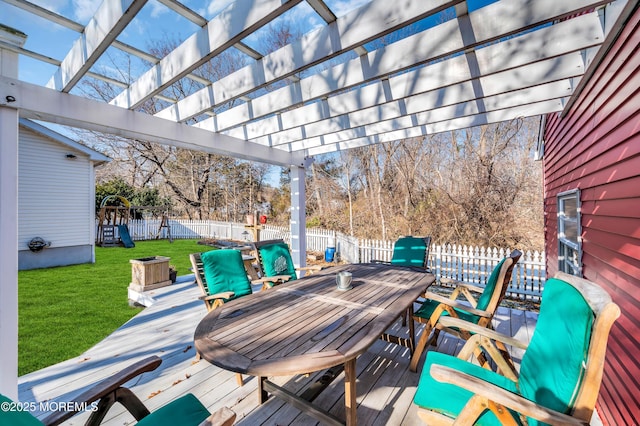 wooden deck with a pergola and a yard