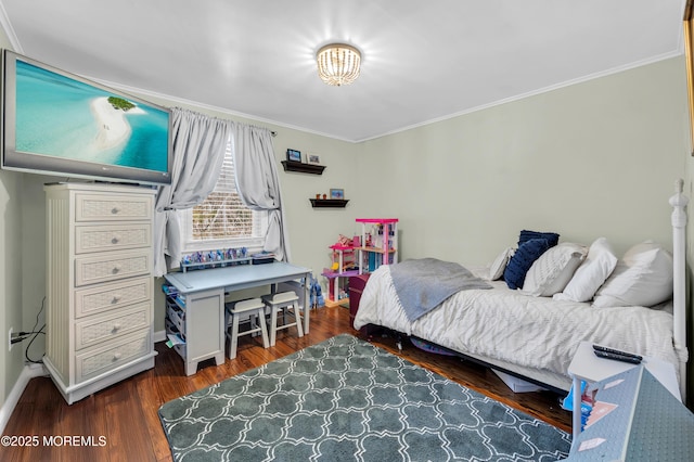 bedroom featuring dark hardwood / wood-style floors and crown molding