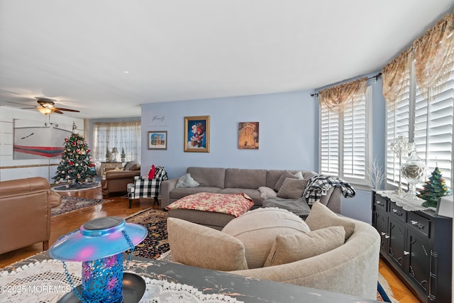 living room featuring ceiling fan and light hardwood / wood-style floors