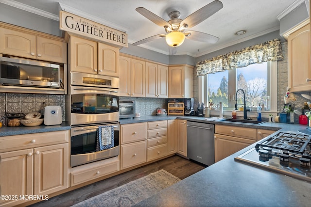 kitchen with decorative backsplash, sink, light brown cabinets, and stainless steel appliances