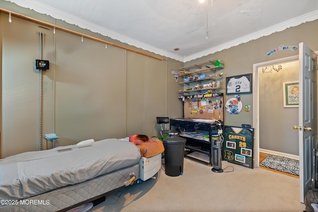 carpeted bedroom featuring crown molding