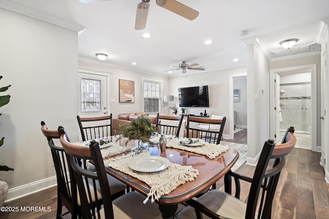 dining space with crown molding, ceiling fan, and dark hardwood / wood-style floors