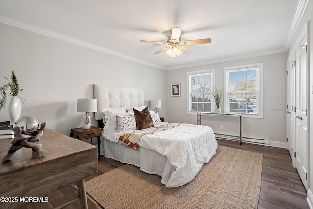 bedroom with a baseboard radiator, ceiling fan, crown molding, dark wood-type flooring, and a closet