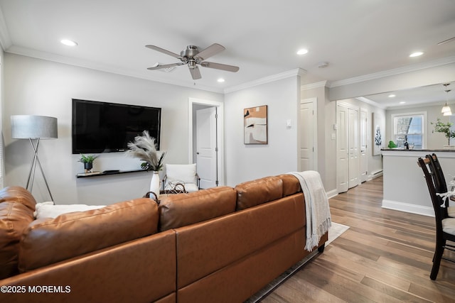 living room with crown molding, hardwood / wood-style floors, and ceiling fan