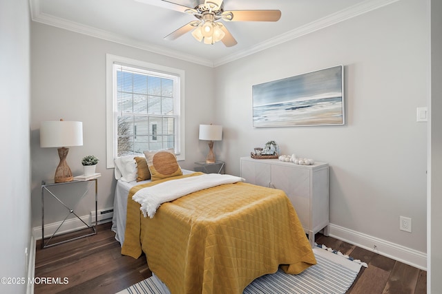 bedroom featuring crown molding, ceiling fan, dark hardwood / wood-style flooring, and a baseboard radiator