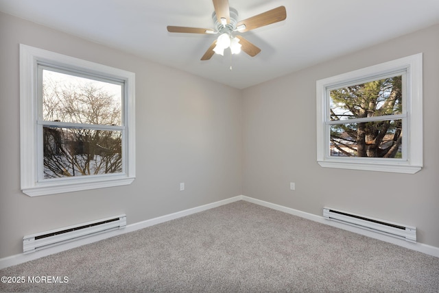 spare room featuring ceiling fan, carpet, and a baseboard heating unit