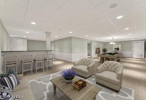 living area with a paneled ceiling, billiards, a bar, and recessed lighting