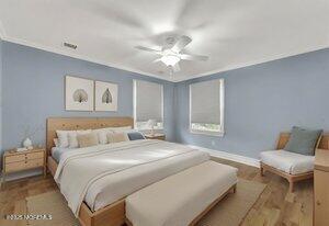 bedroom featuring baseboards, ornamental molding, light wood-style flooring, and a ceiling fan