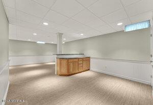 finished below grade area featuring a wainscoted wall, carpet floors, and a drop ceiling