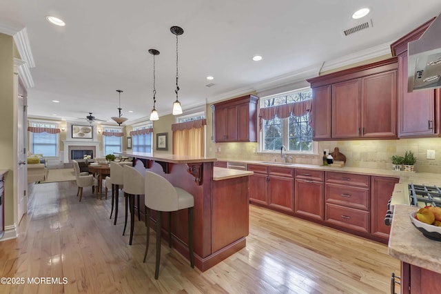 kitchen featuring open floor plan, light countertops, visible vents, and reddish brown cabinets