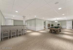 playroom featuring carpet floors, a paneled ceiling, pool table, and a dry bar