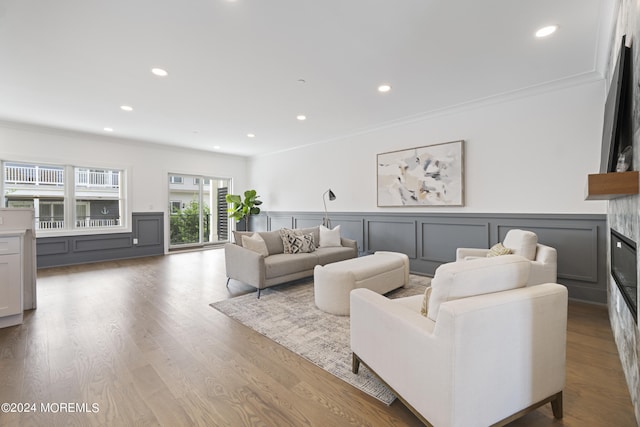 living room featuring a premium fireplace, crown molding, and light hardwood / wood-style flooring