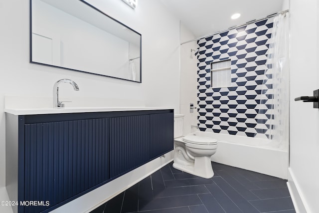 bathroom with toilet, tile patterned floors, and tiled shower / bath