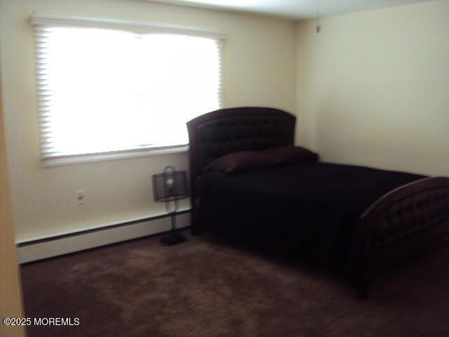 bedroom with a baseboard radiator, multiple windows, and dark carpet