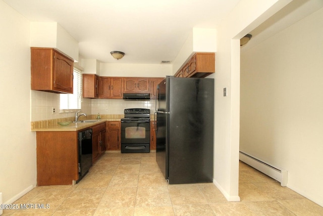 kitchen with baseboard heating, sink, backsplash, and black appliances