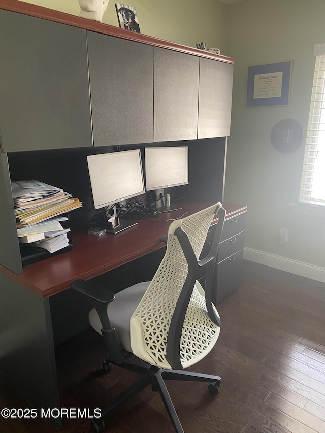 home office with dark hardwood / wood-style flooring