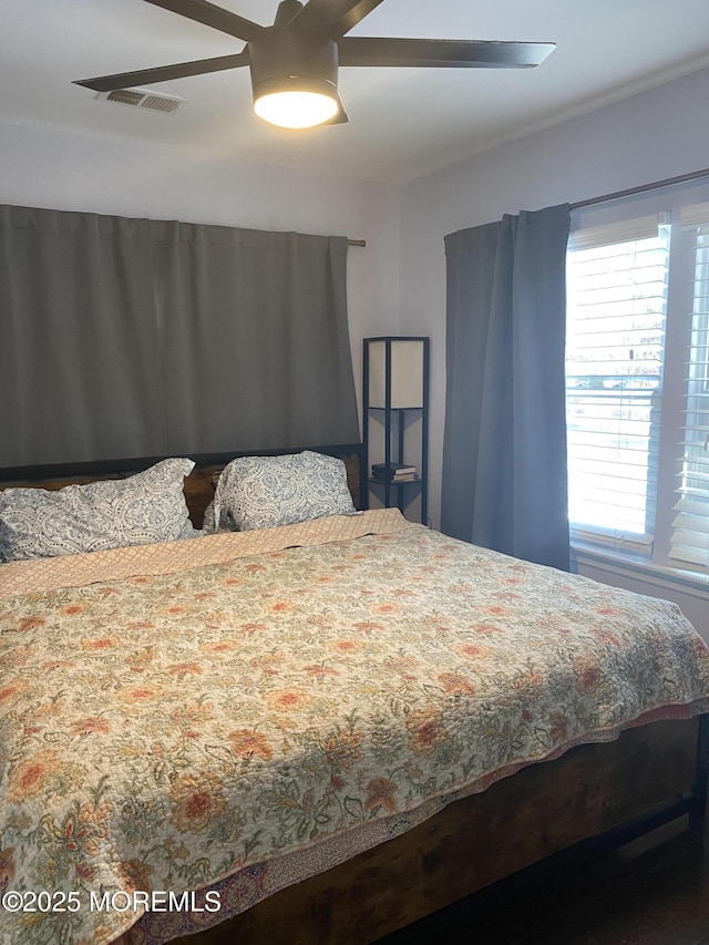 bedroom featuring multiple windows and ceiling fan