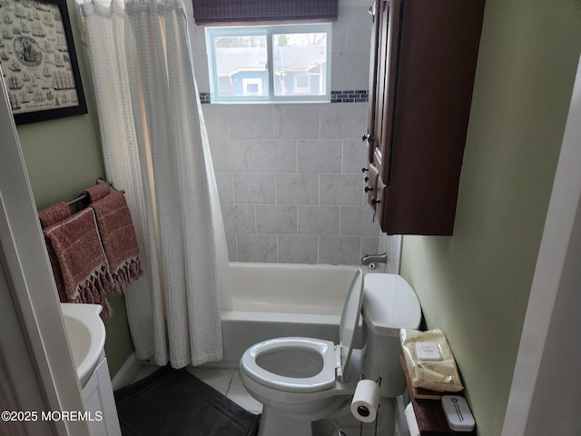 full bathroom with tile patterned flooring, vanity, shower / bath combination with curtain, and toilet