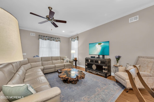 living room featuring ceiling fan, wood-type flooring, and ornamental molding