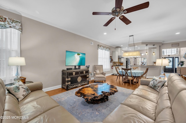 living room with plenty of natural light, crown molding, and light wood-type flooring