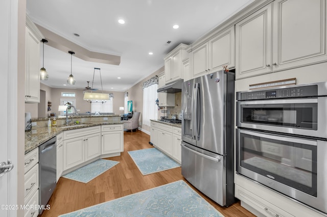 kitchen with light hardwood / wood-style floors, kitchen peninsula, appliances with stainless steel finishes, hanging light fixtures, and sink