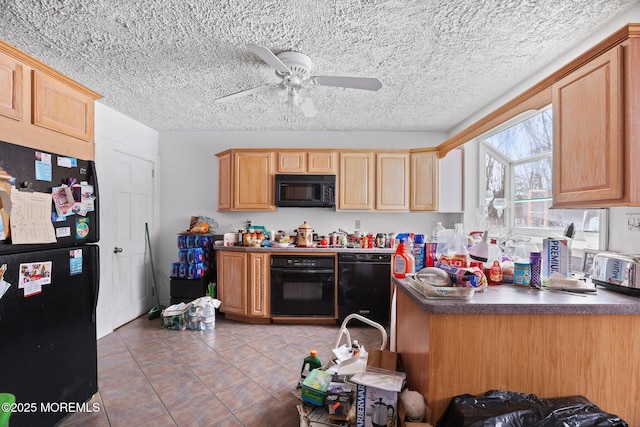 kitchen featuring ceiling fan, light brown cabinetry, tile patterned floors, and black appliances