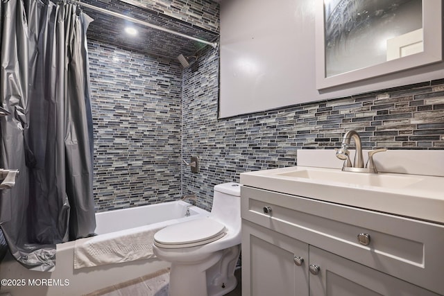 full bathroom featuring toilet, vanity, shower / bathtub combination with curtain, and tasteful backsplash