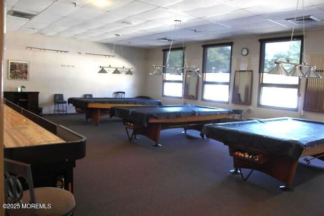 recreation room featuring pool table and a paneled ceiling