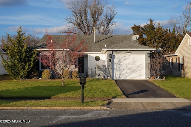 single story home with a garage and a front lawn