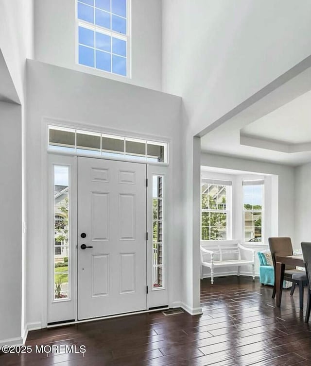 entryway with dark wood-type flooring and a towering ceiling