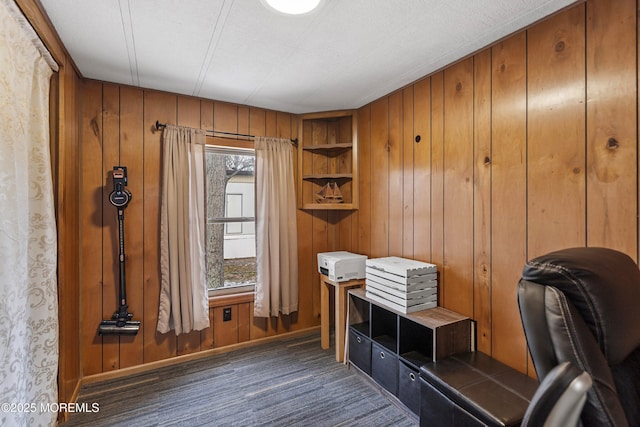 office space with dark hardwood / wood-style floors and wooden walls