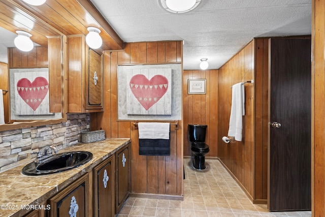 kitchen with sink, backsplash, and wooden walls