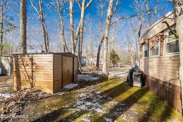 yard layered in snow with a storage unit