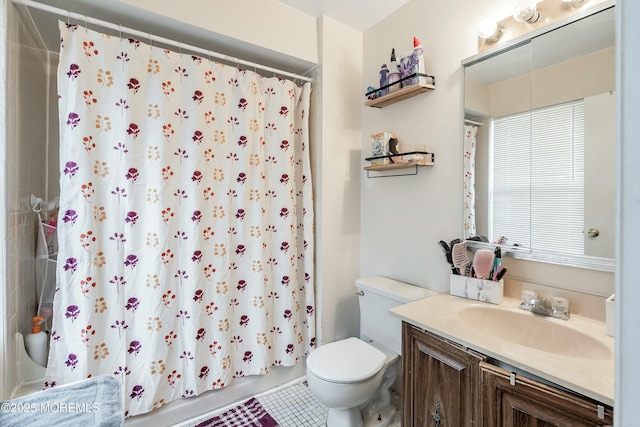 full bathroom with vanity, shower / bathtub combination with curtain, tile patterned floors, and toilet