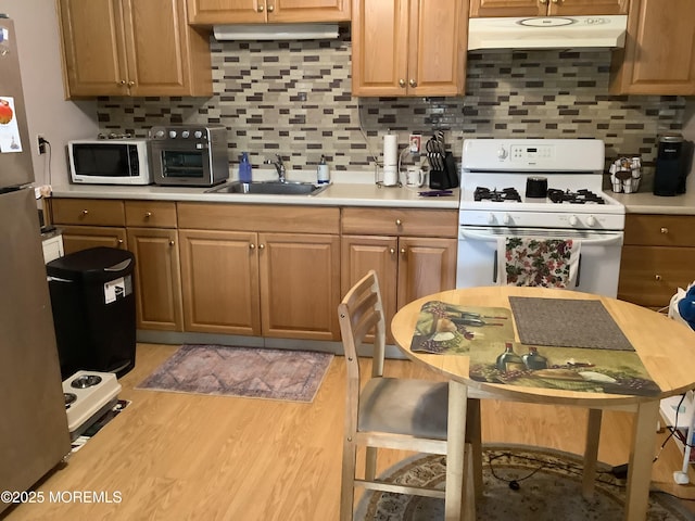 kitchen featuring decorative backsplash, sink, light hardwood / wood-style flooring, and white appliances