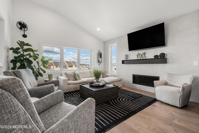 living room featuring hardwood / wood-style flooring, lofted ceiling, and a fireplace