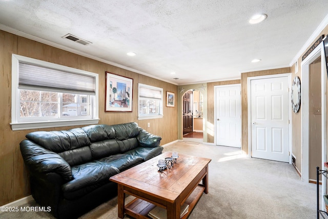 living room featuring light colored carpet, ornamental molding, a textured ceiling, and wooden walls