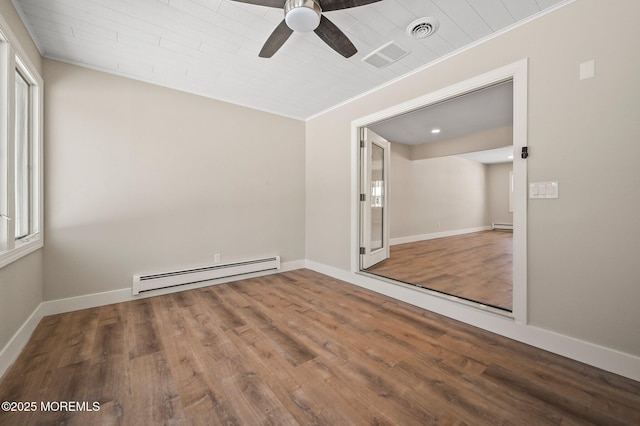 spare room featuring wooden ceiling, ceiling fan, wood-type flooring, and a baseboard radiator