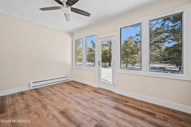 unfurnished room featuring ceiling fan, a baseboard radiator, wooden ceiling, and light wood-type flooring